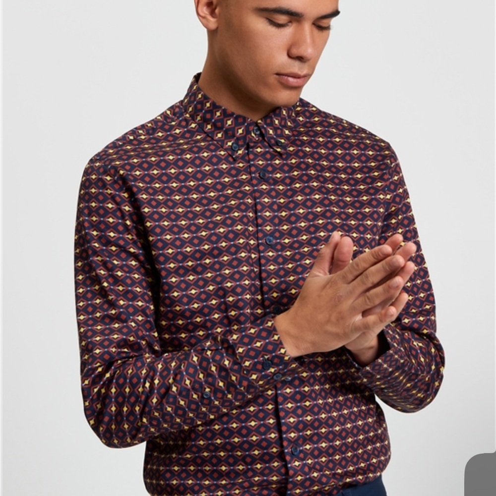 Ben Sherman-Men’s Large, Stretch fit, Geometric Pattern Long Sleeve Shirt